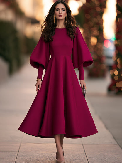 Women's Burgundy Balloon Sleeve Round Neck A-Line Midi Dress