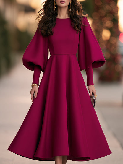 Women's Burgundy Balloon Sleeve Round Neck A-Line Midi Dress