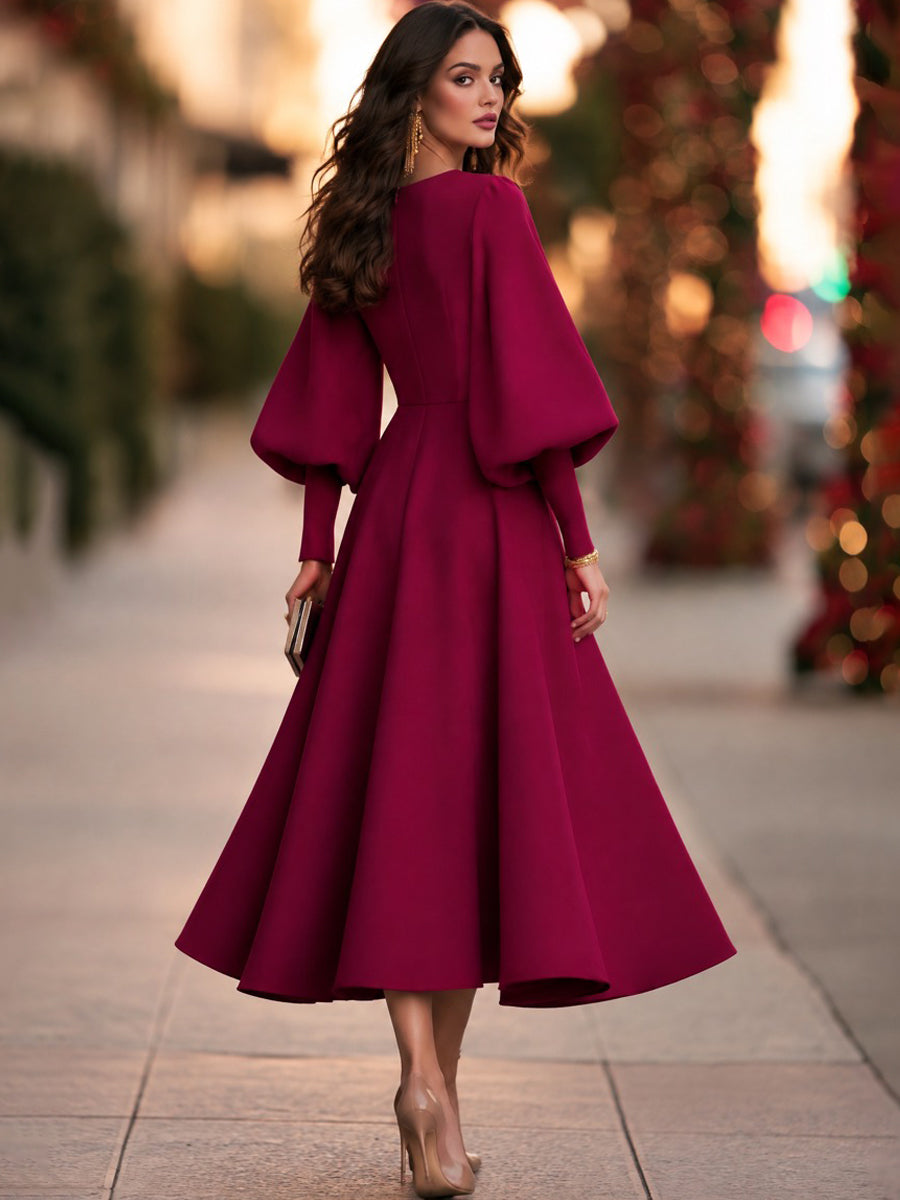 Women's Burgundy Balloon Sleeve Round Neck A-Line Midi Dress