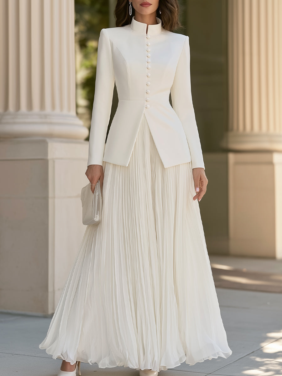 Stand Collar Button-Front Blazer And Pleated Maxi Skirt Set