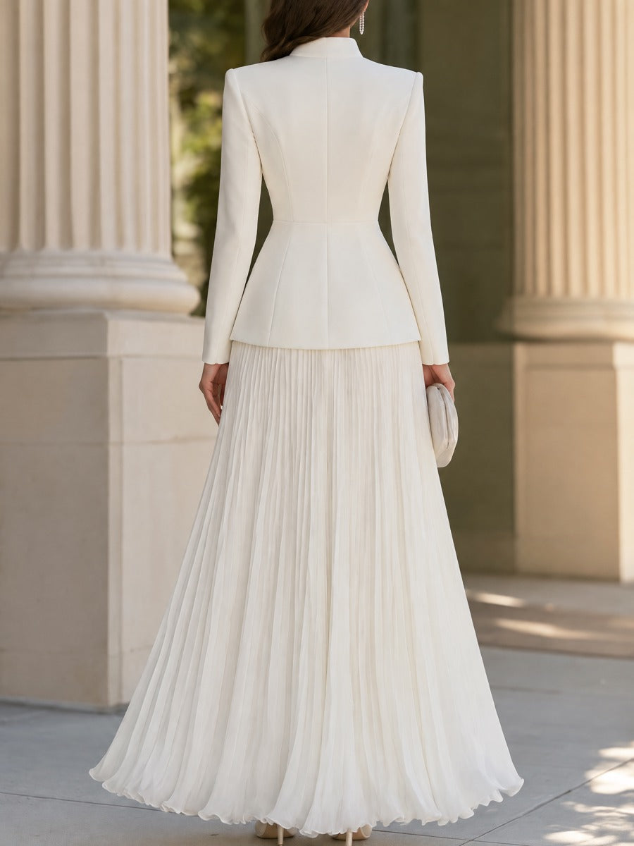 Stand Collar Button-Front Blazer And Pleated Maxi Skirt Set