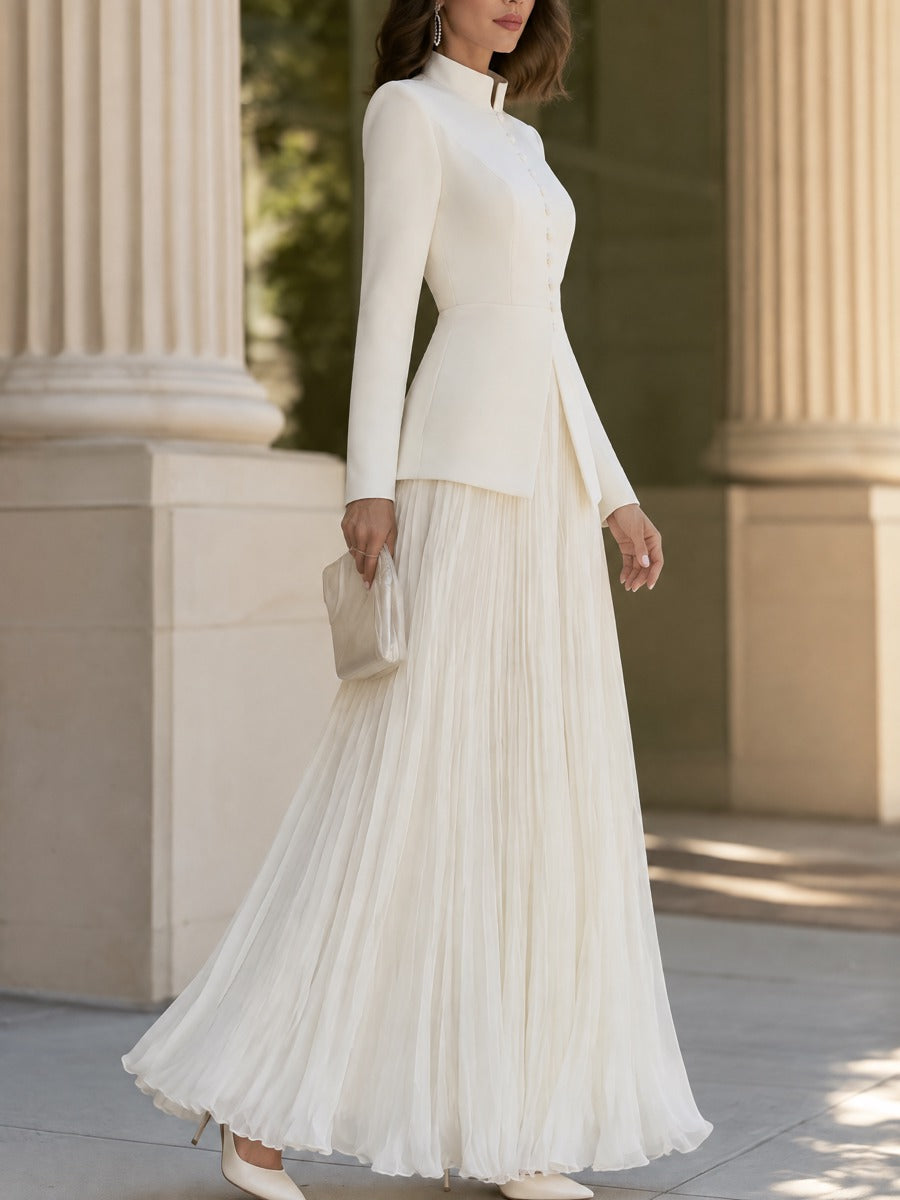 Stand Collar Button-Front Blazer And Pleated Maxi Skirt Set