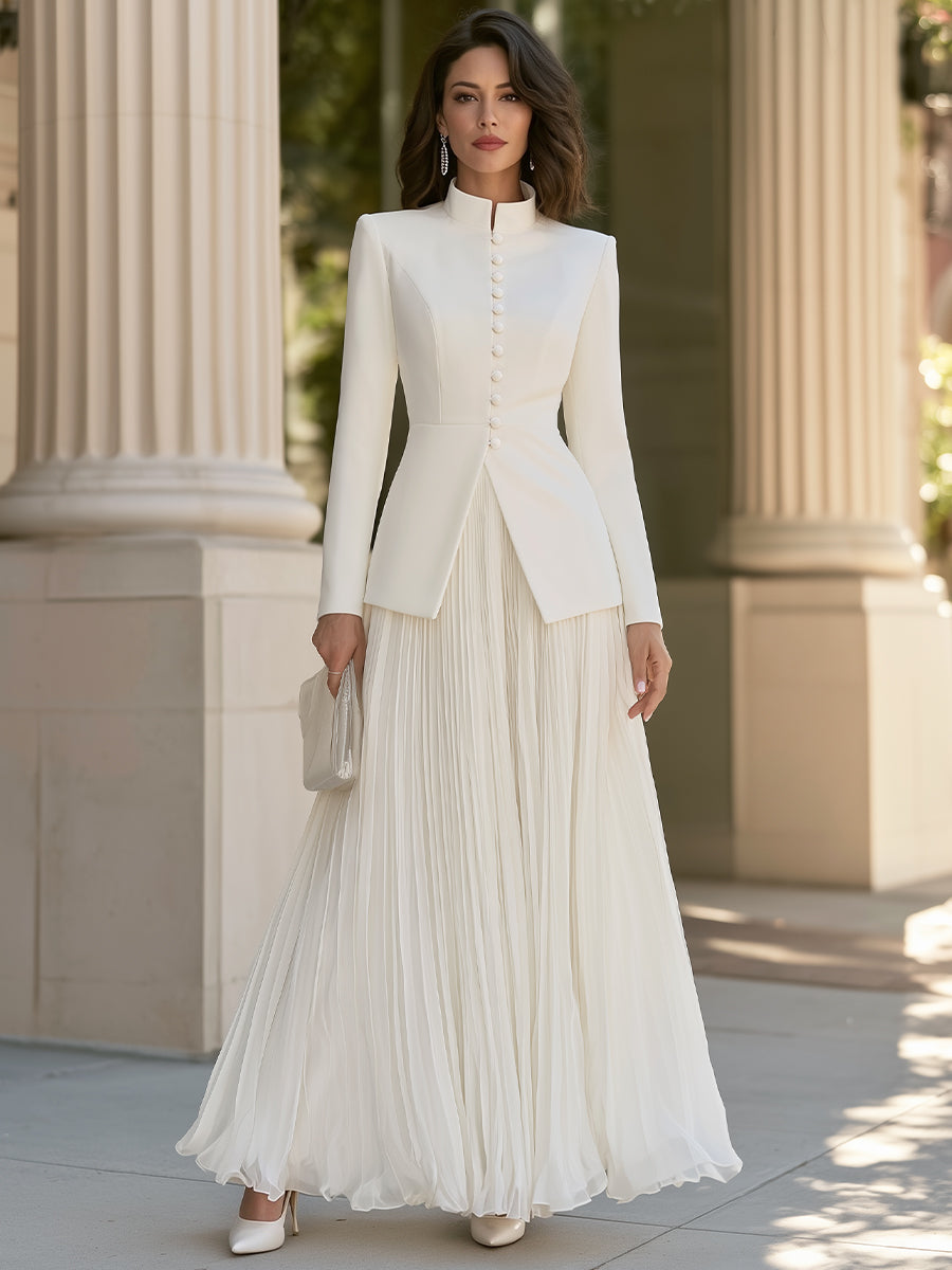 Stand Collar Button-Front Blazer And Pleated Maxi Skirt Set