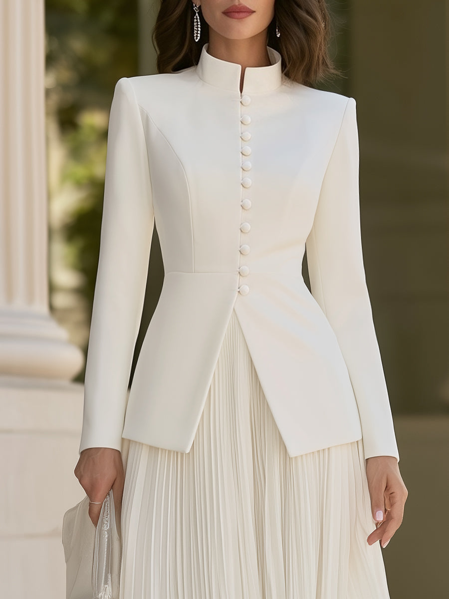 Stand Collar Button-Front Blazer And Pleated Maxi Skirt Set