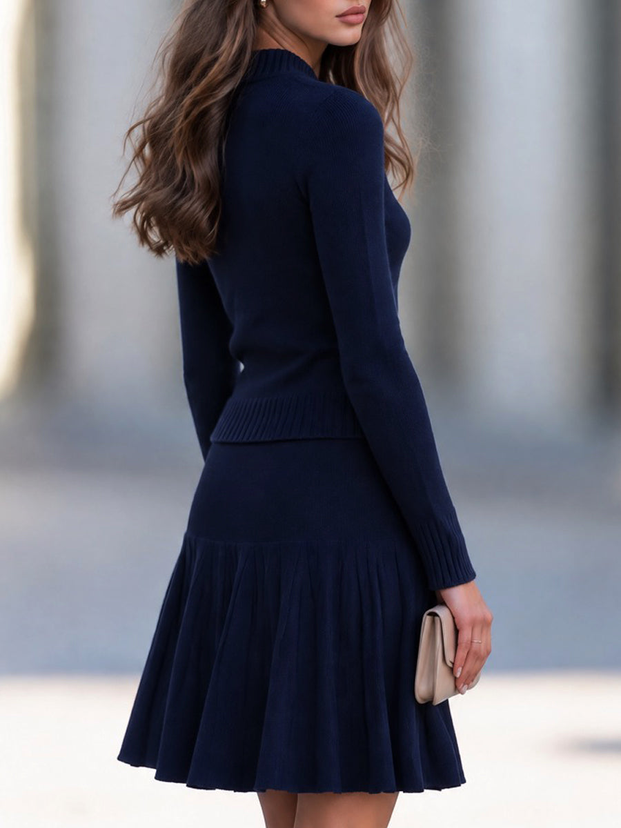 Navy Knit Two-Piece Set Button-Front Cardigan with Pleated Flare Skirt