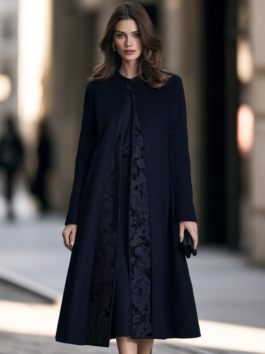 Lace Panel Single-Button Fit And Flare Midi Coat