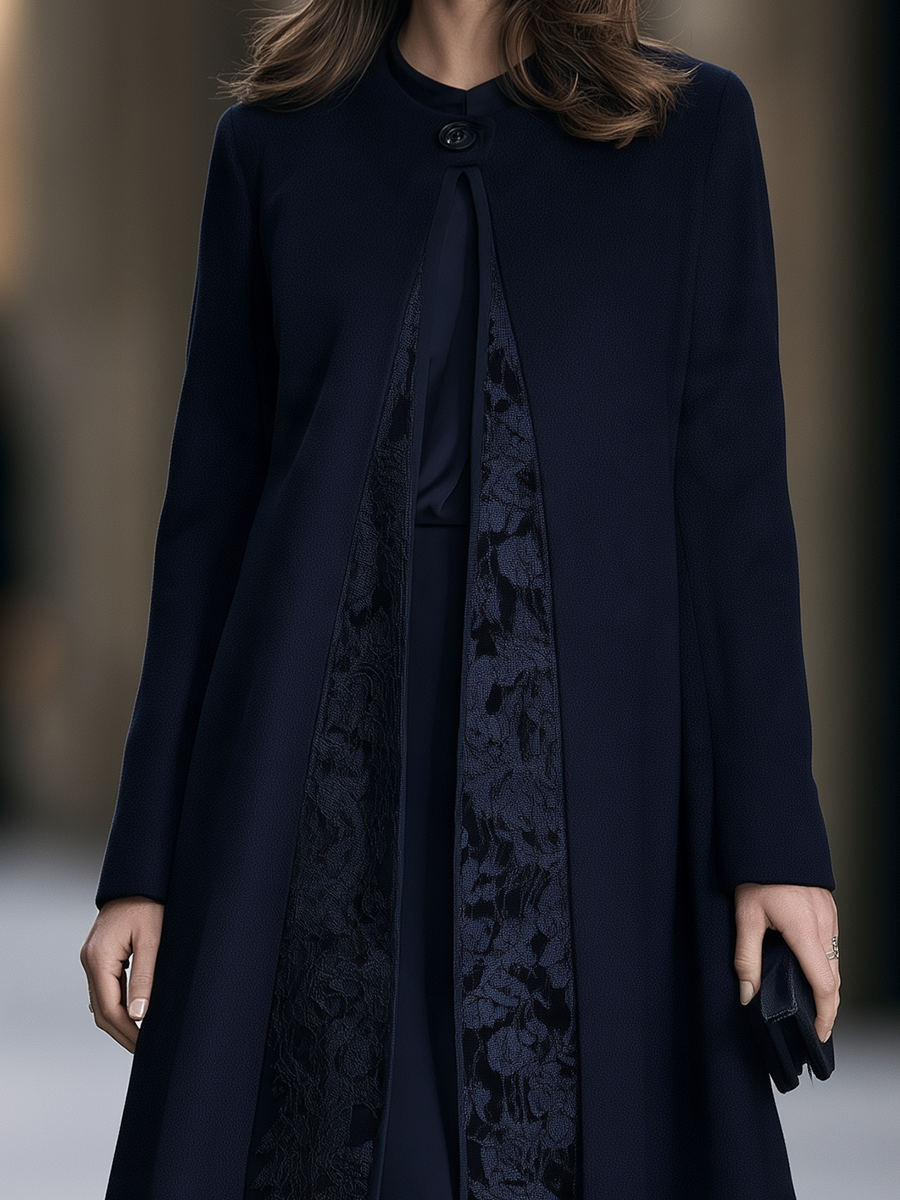 Lace Panel Single-Button Fit And Flare Midi Coat