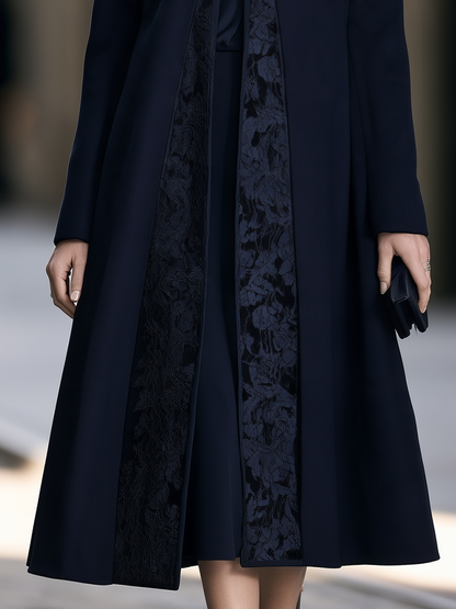 Lace Panel Single-Button Fit And Flare Midi Coat