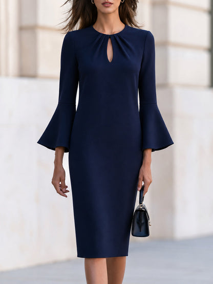 Keyhole Pleated Neck Flare Sleeve Sheath Midi Dress
