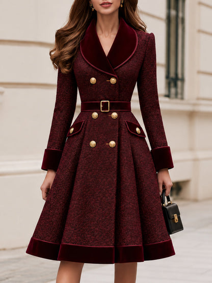 Tweed Velvet Lapel Double Breasted Belted Fit And Flare Coat Dress
