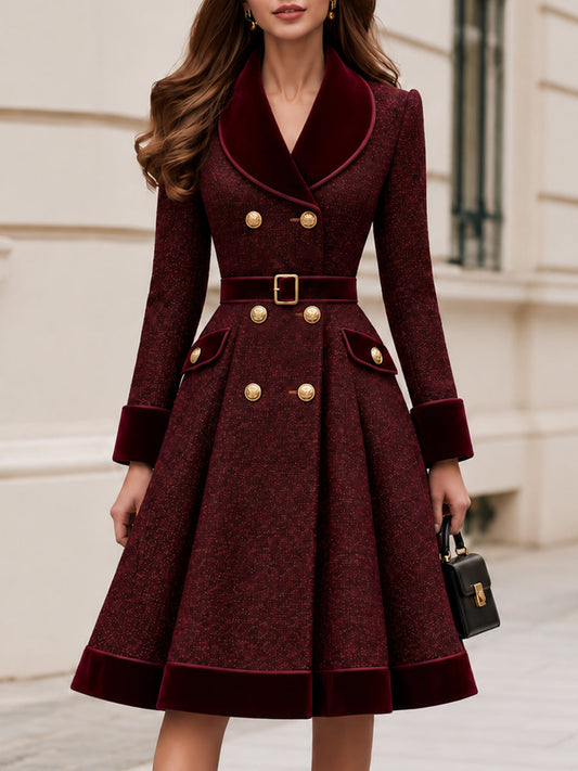Tweed Velvet Lapel Double Breasted Belted Fit And Flare Coat Dress