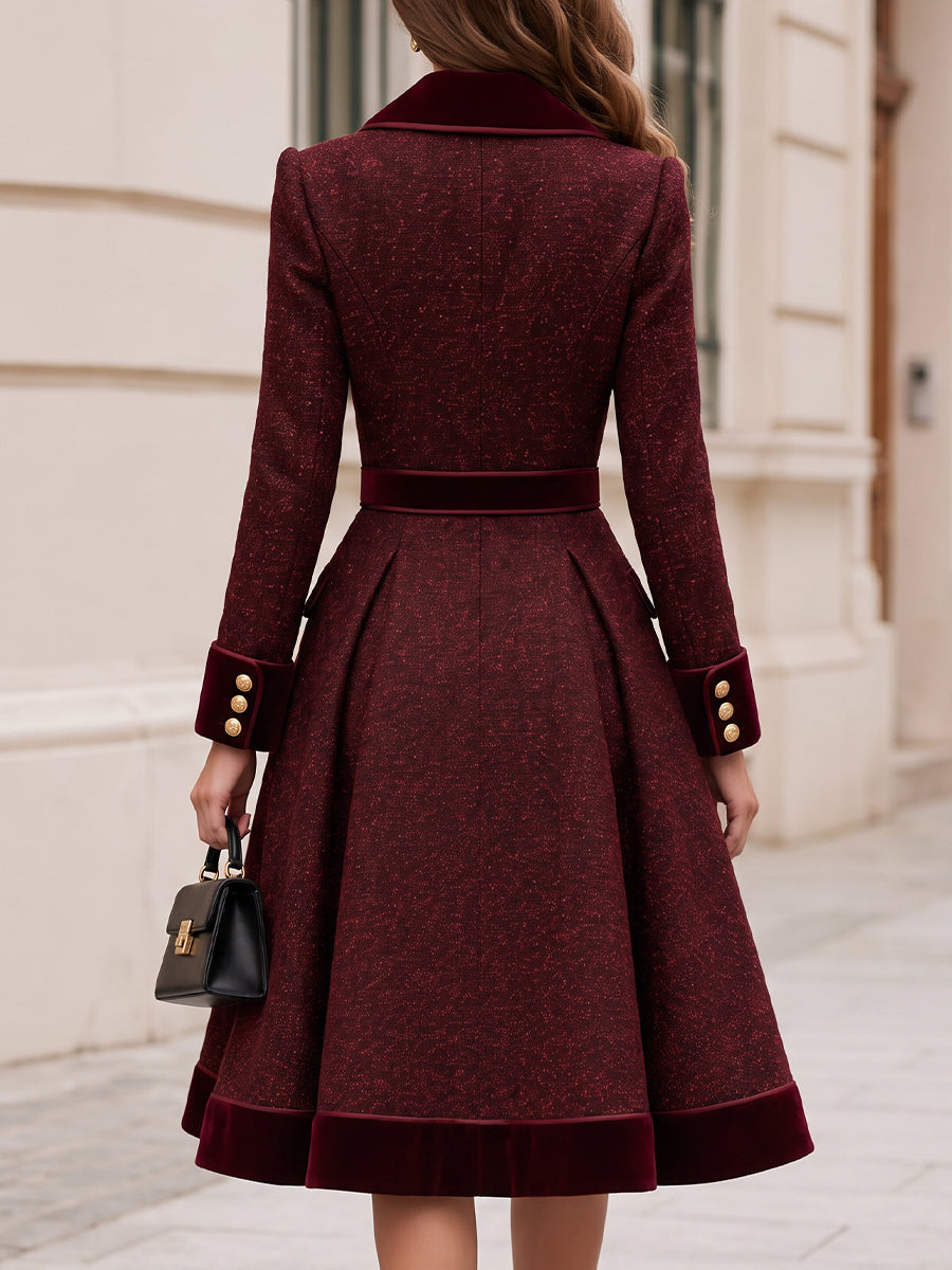 Tweed Velvet Lapel Double Breasted Belted Fit And Flare Coat Dress