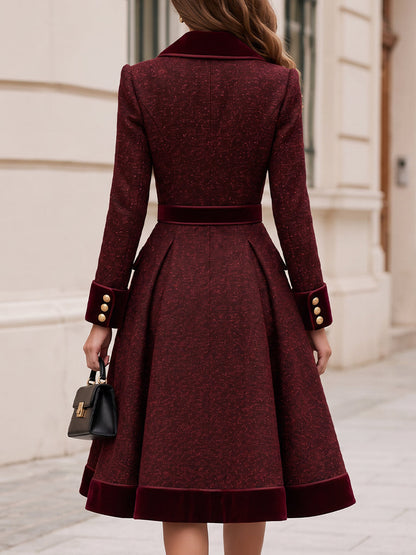 Tweed Velvet Lapel Double Breasted Belted Fit And Flare Coat Dress