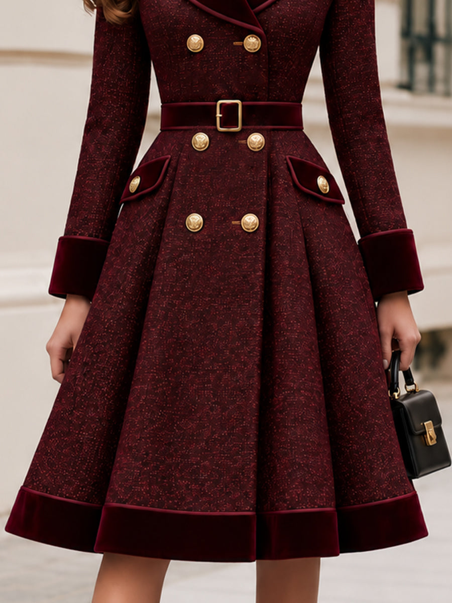 Tweed Velvet Lapel Double Breasted Belted Fit And Flare Coat Dress