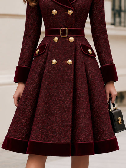 Tweed Velvet Lapel Double Breasted Belted Fit And Flare Coat Dress