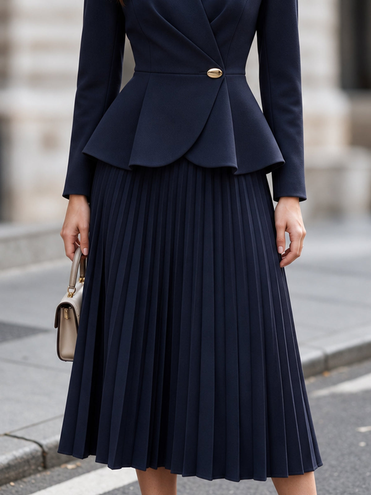 Peplum Blazer and Pleated Midi Skirt Two-Piece Set