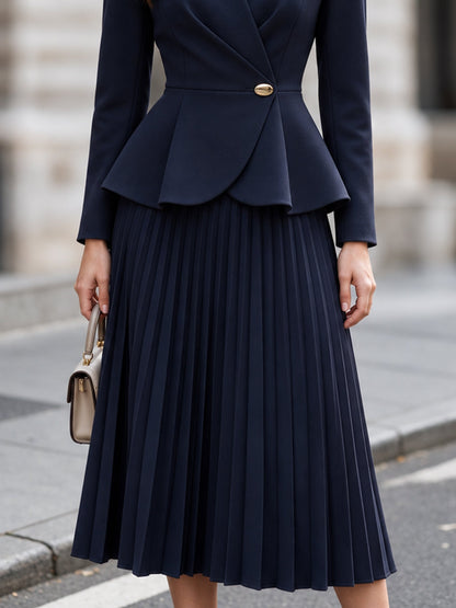 Peplum Blazer and Pleated Midi Skirt Two-Piece Set