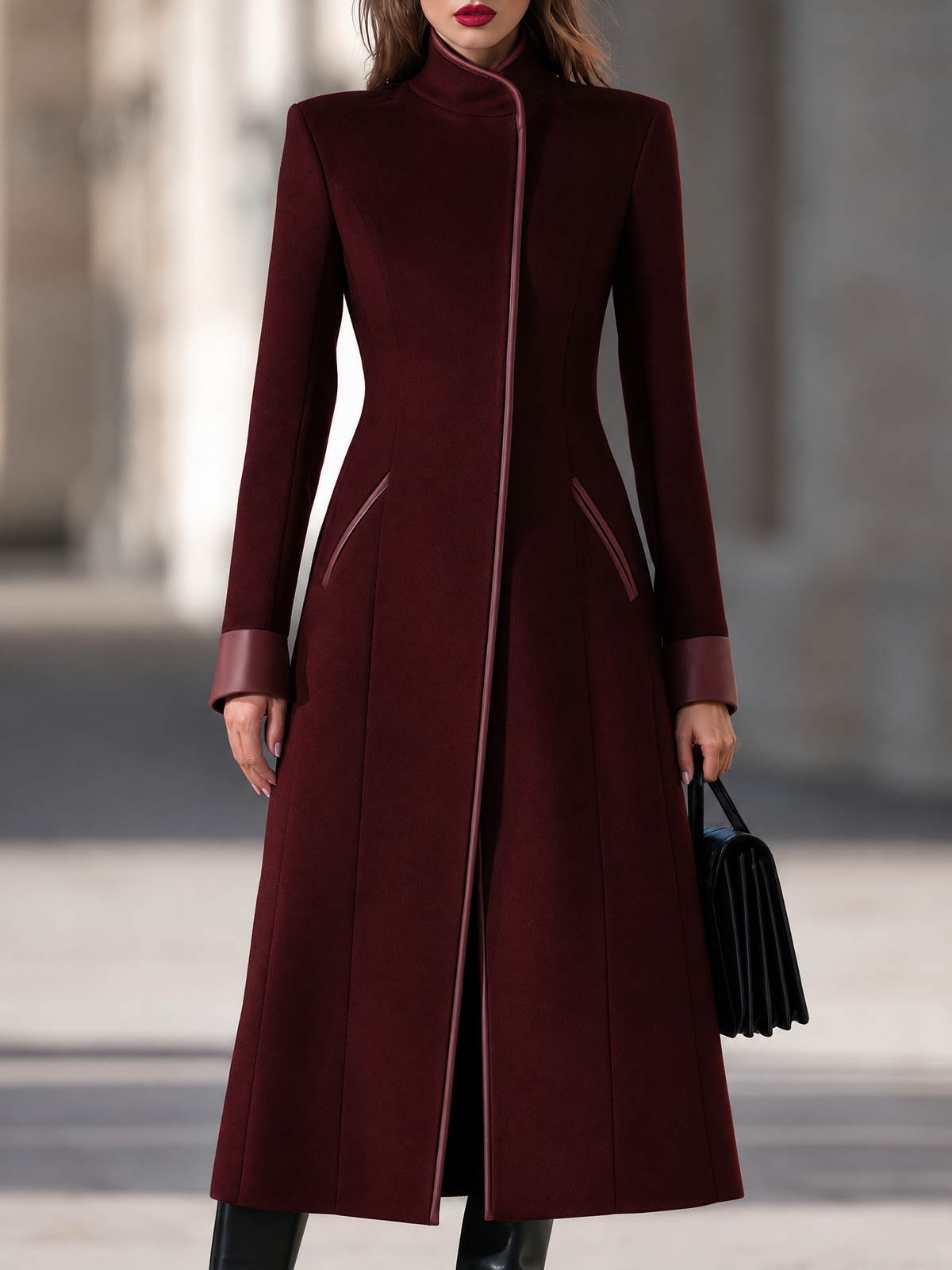 Funnel-Neck Zip-Front A-Line Coat With Contrast Cuffs