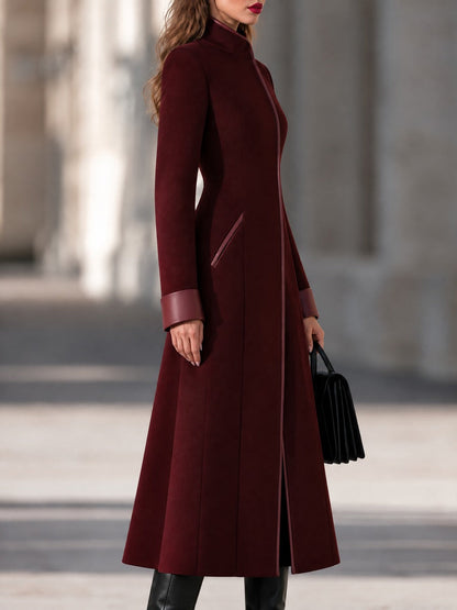 Funnel-Neck Zip-Front A-Line Coat With Contrast Cuffs