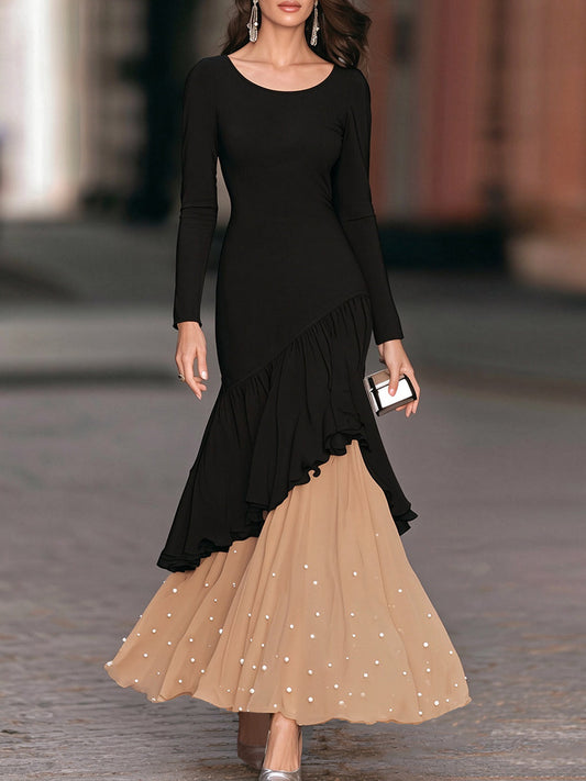 Asymmetric Ruffled Pearl-Embellished Layered Maxi Dress