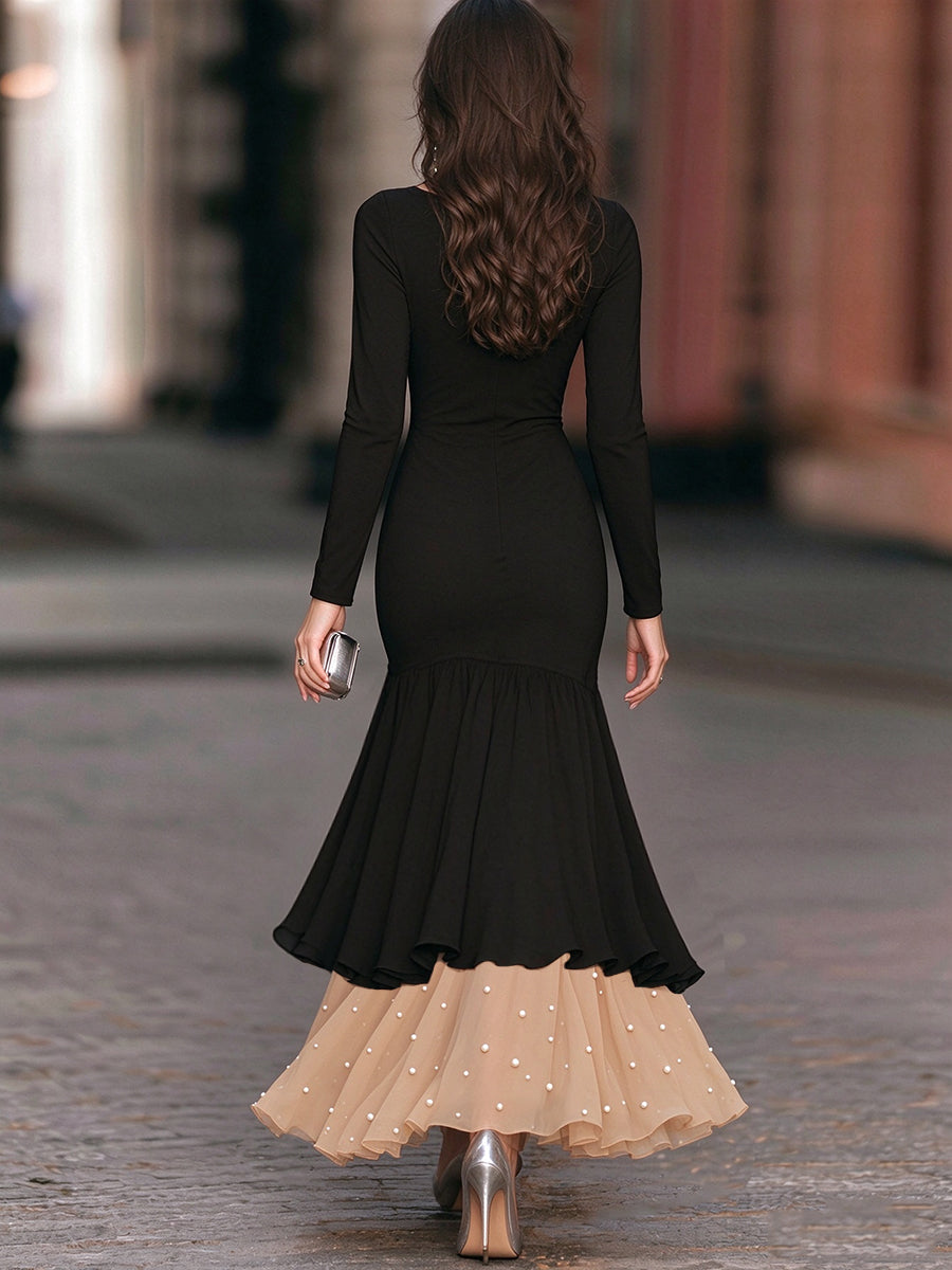Asymmetric Ruffled Pearl-Embellished Layered Maxi Dress