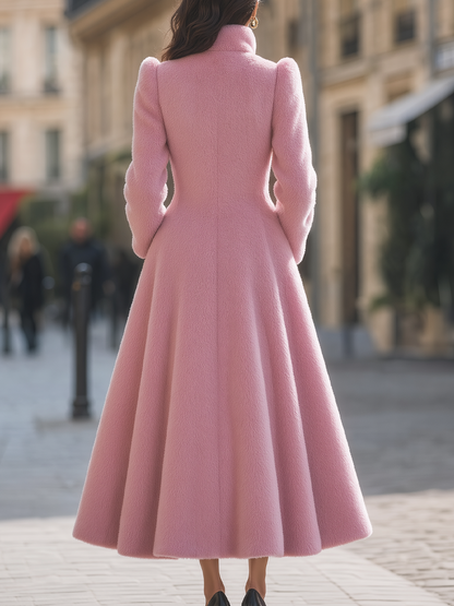 Pink Fuzzy High Neck Fit-and-Flare Midi Wool Coat