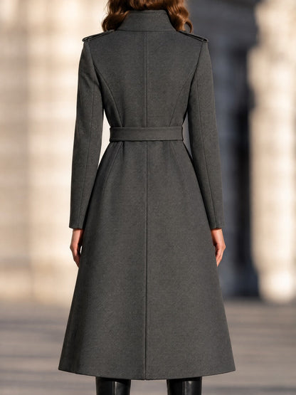 Double-Breasted Belted Funnel-Neck A-Line Coat