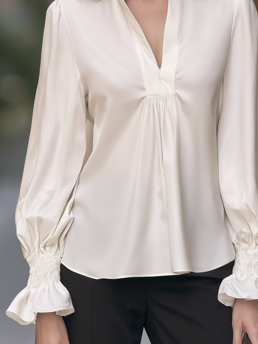 Stand Collar V-Neck Blouse With Balloon Sleeves And Smocked Ruffle Cuffs