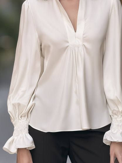 Stand Collar V-Neck Blouse With Balloon Sleeves And Smocked Ruffle Cuffs