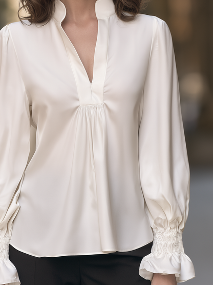 Stand Collar V-Neck Blouse With Balloon Sleeves And Smocked Ruffle Cuffs