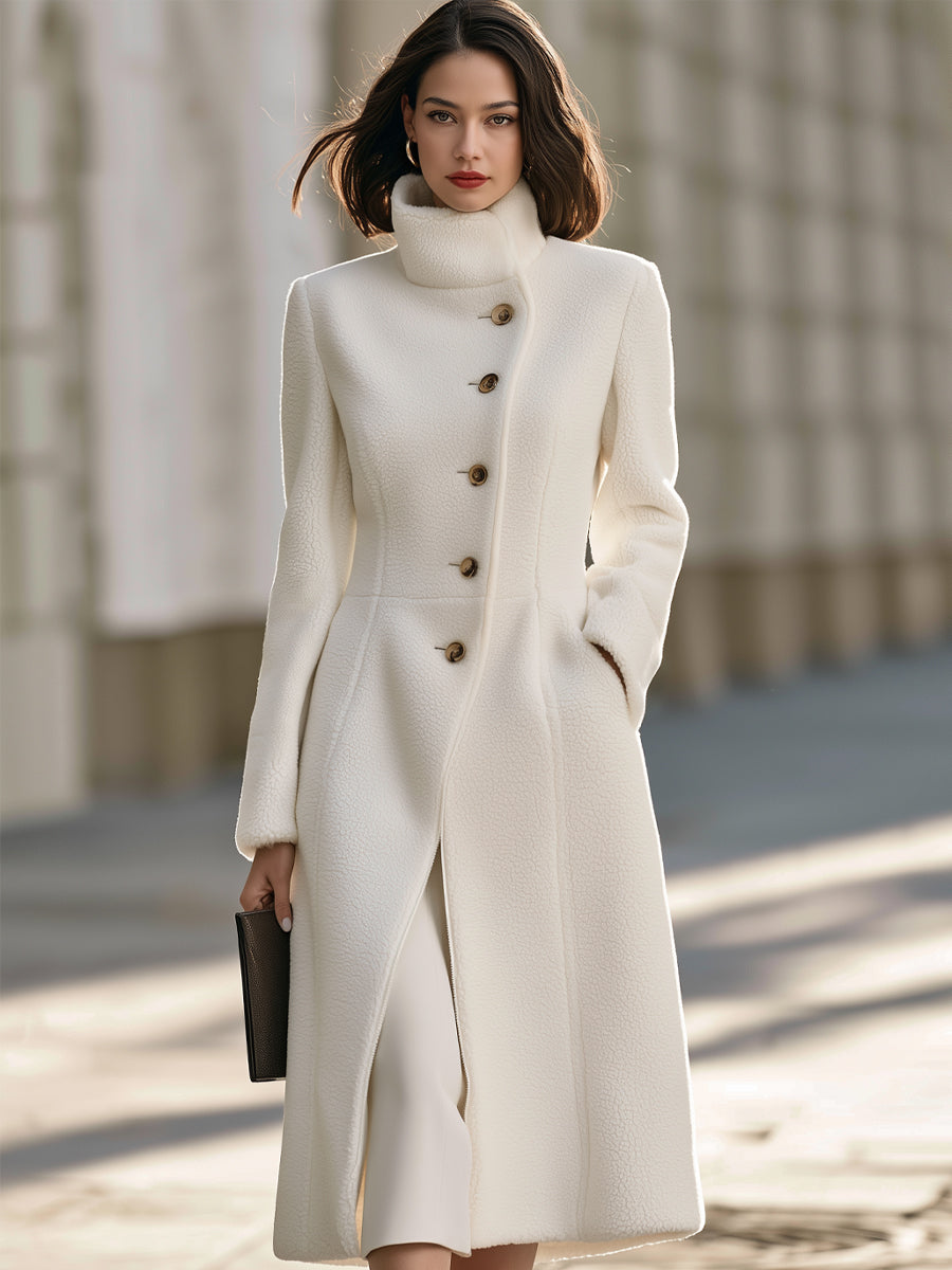 Button Front Stand Collar Sherpa Fleece Long Coat