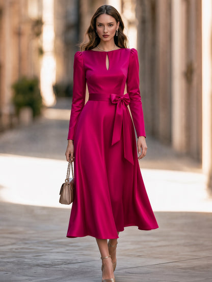 Keyhole Neck Bow-Belted Satin Midi Dress