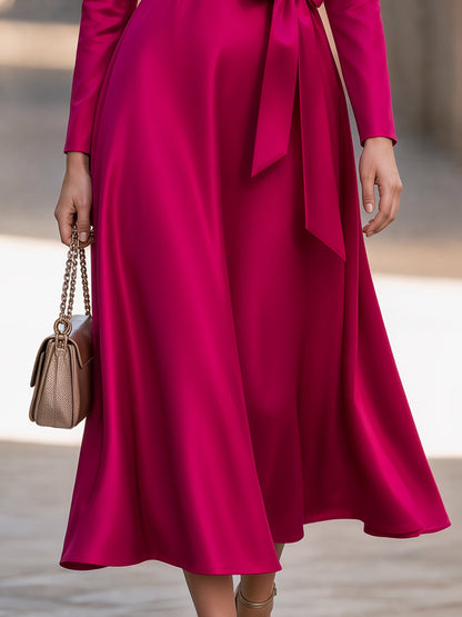 Keyhole Neck Bow-Belted Satin Midi Dress