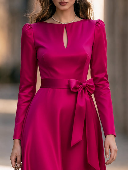 Keyhole Neck Bow-Belted Satin Midi Dress