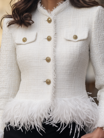 White Tweed Fringe Feather Trim Stand Collar Cropped Jacket
