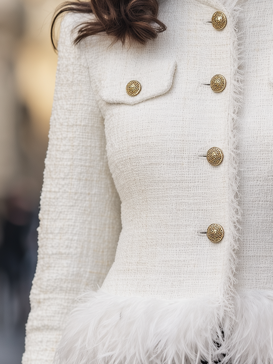 White Tweed Fringe Feather Trim Stand Collar Cropped Jacket