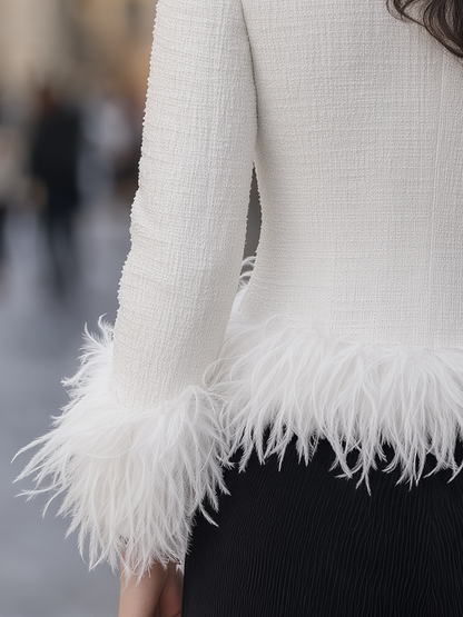 White Tweed Fringe Feather Trim Stand Collar Cropped Jacket