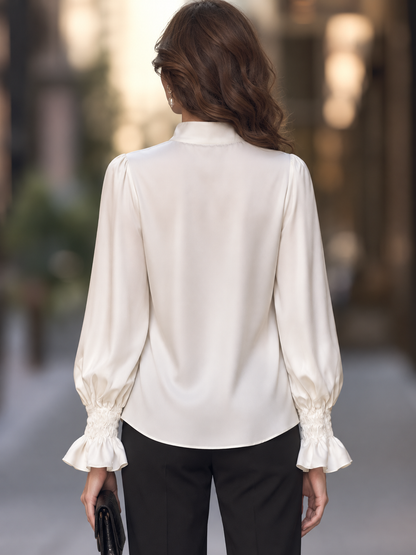Stand Collar V-Neck Blouse With Balloon Sleeves And Smocked Ruffle Cuffs