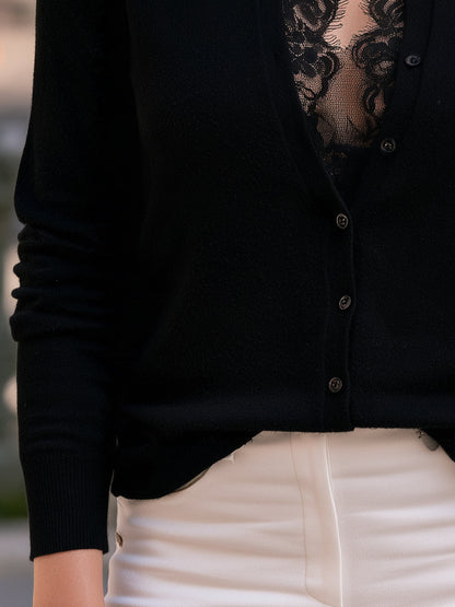 Lace-Trim Button-Front Knit Cardigan
