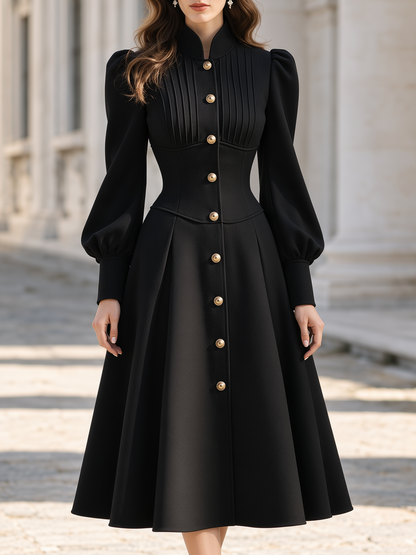Victorian Style Stand Collar Puff Sleeve A-Line Midi Dress