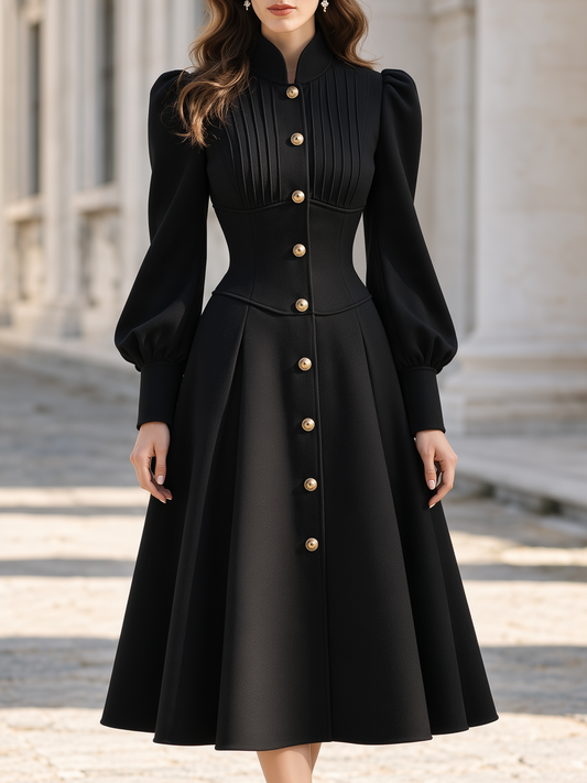 Victorian Style Stand Collar Puff Sleeve A-Line Midi Dress