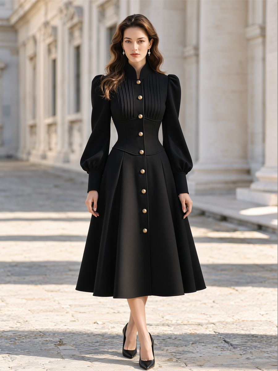Victorian Style Stand Collar Puff Sleeve A-Line Midi Dress