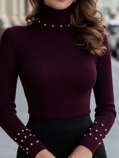 Pearl Embellished Ribbed Turtleneck Sweater