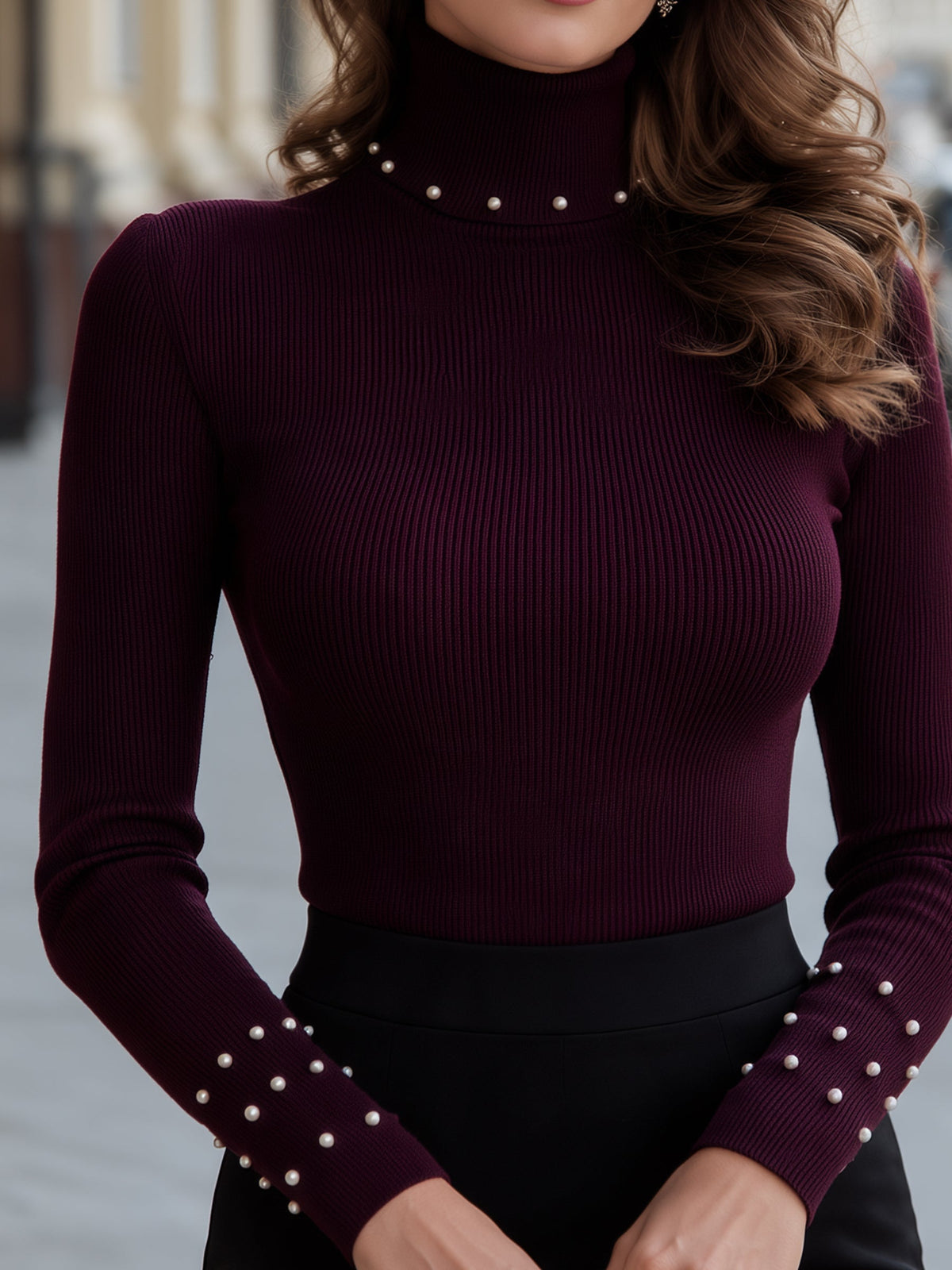 Pearl Embellished Ribbed Turtleneck Sweater
