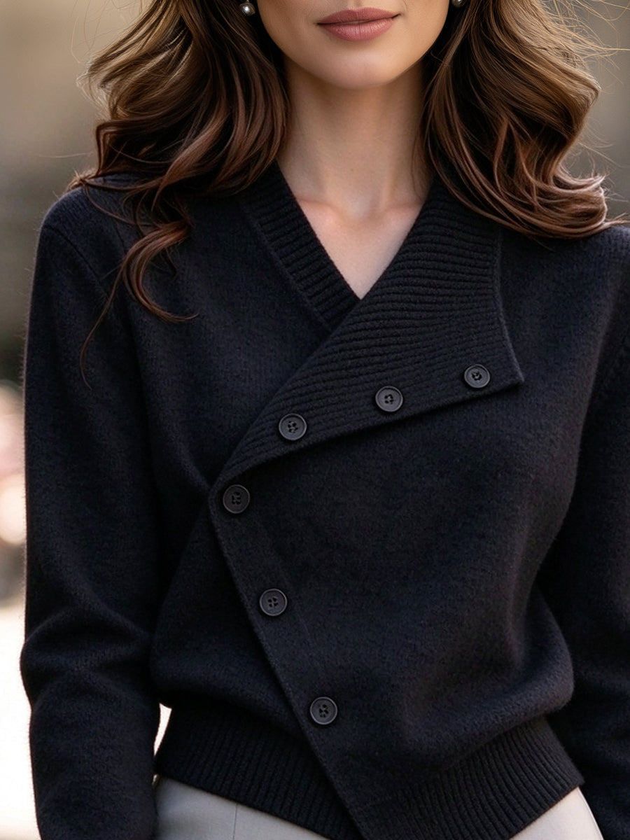 Asymmetric Button-Front V-Neck Knit Cardigan