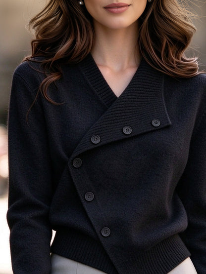 Asymmetric Button-Front V-Neck Knit Cardigan