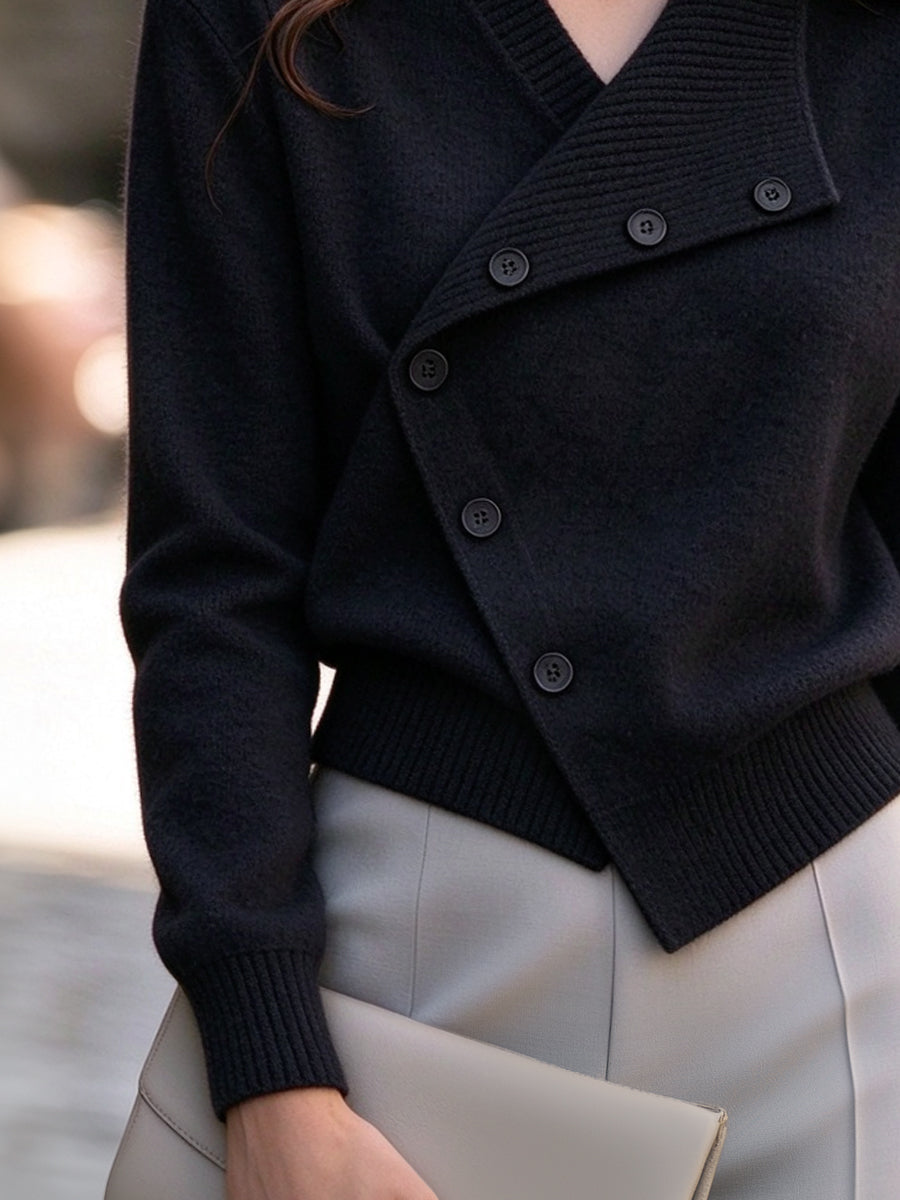 Asymmetric Button-Front V-Neck Knit Cardigan