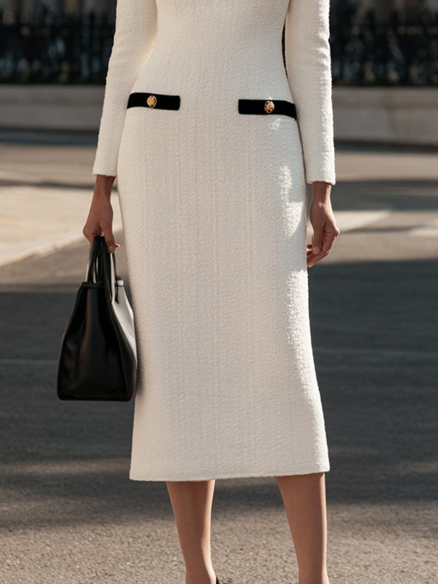 Contrast-Trim Textured Midi Dress