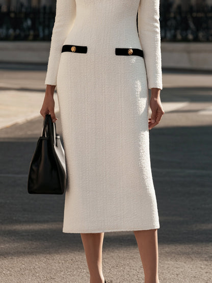 Contrast-Trim Textured Midi Dress