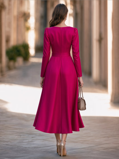 Keyhole Neck Bow-Belted Satin Midi Dress